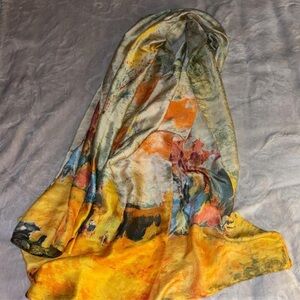 Bright, Abstract Multicolor Silk-Look Scarf with Yellow Accents, hijab